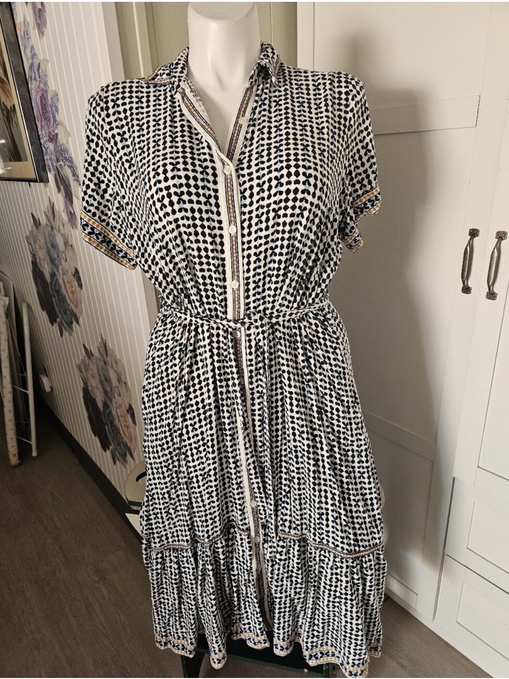 Max Studio Navy and White Midi Shirt Dress